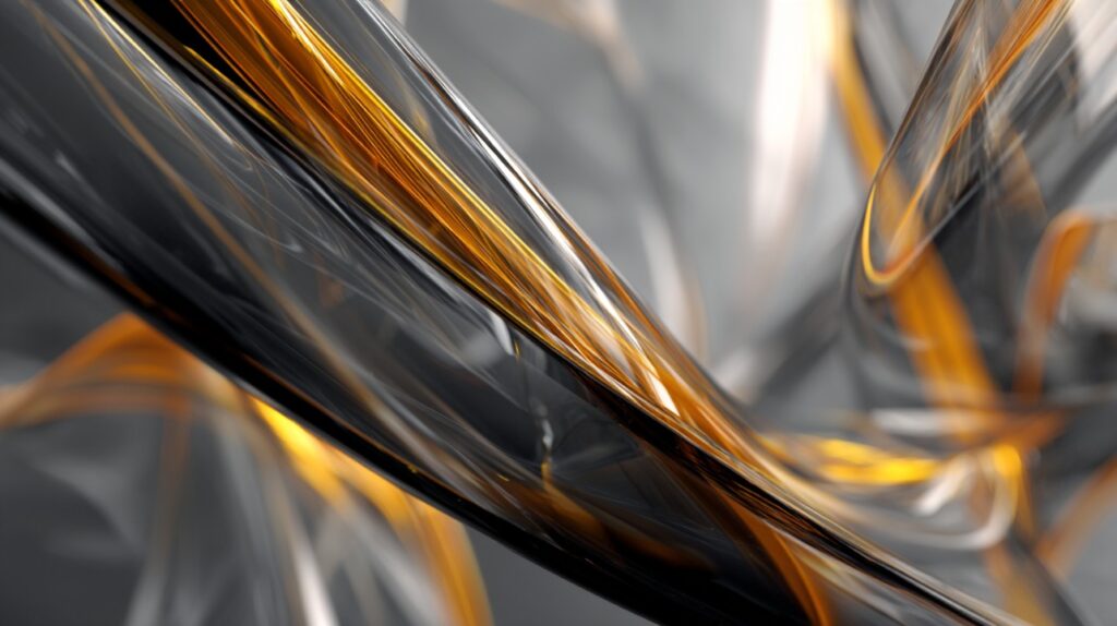 Elegant flowing swirls of amber and gray glass textures with reflective highlights, ideal for modern digital or tech-themed designs.