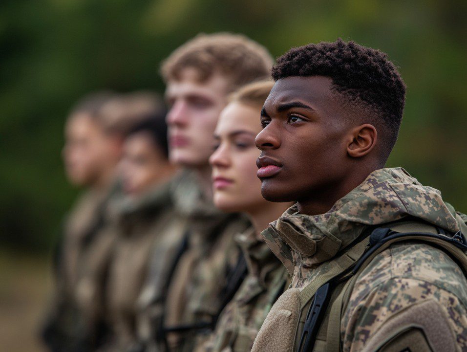 Young army recruits in camouflage uniforms standing in line, focused and disciplined during a military training session.