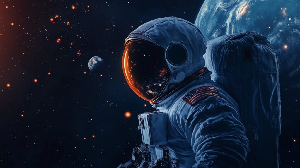 An astronaut in full space gear floats in outer space with Earth in the background and distant glowing stars across the galaxy.
