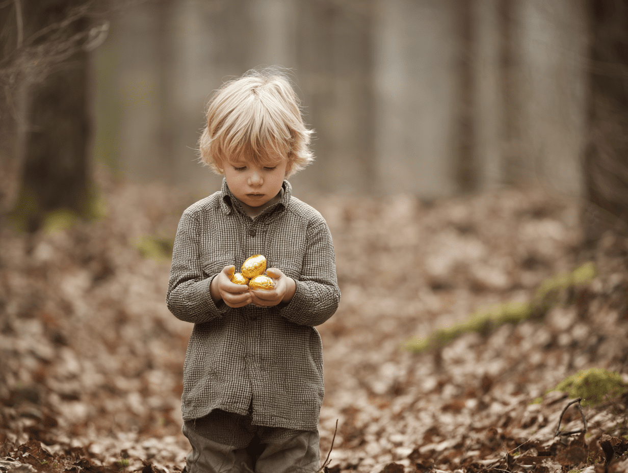 A young boy in neutral clothing holds shiny golden Easter eggs while standing in a quiet forest filled with fallen leaves.