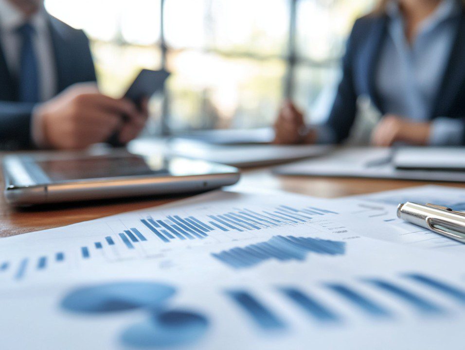 Close-up of financial documents with charts and graphs during a business meeting, with professionals in suits in the background.