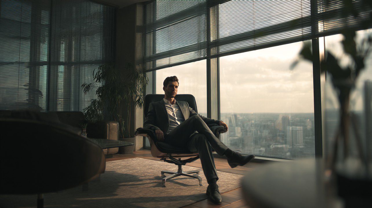 Confident businessman in a modern office chair facing large windows with a panoramic city view at sunset.