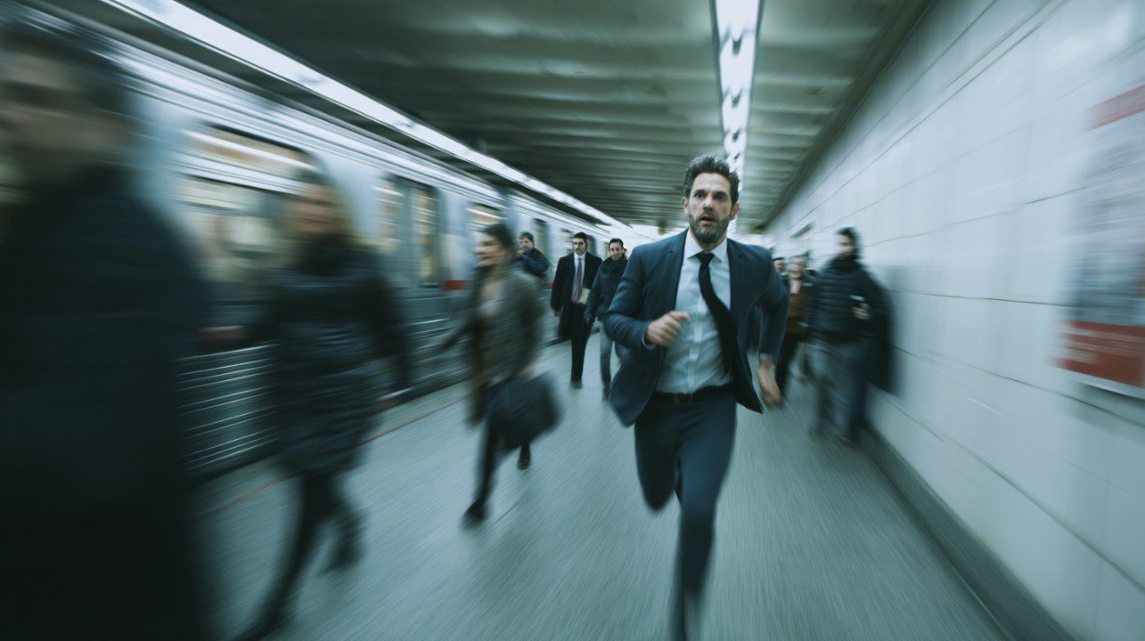 A businessman in a suit running through a crowded subway station during rush hour, surrounded by motion-blurred commuters.