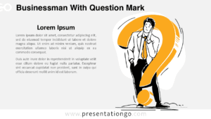 Editable widescreen template with a light background showing a reflective businessman beside a question mark for PowerPoint and Google Slides.