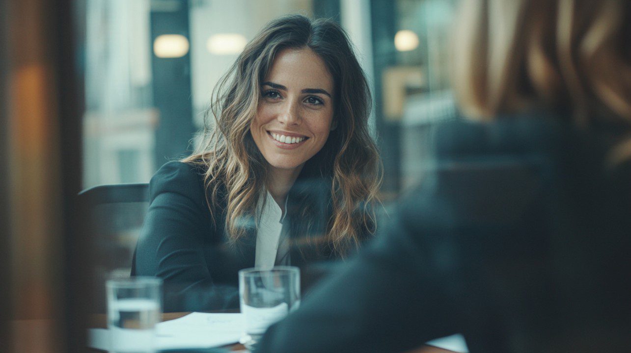 Smiling businesswoman sitting at a meeting table in a modern office setting, conveying professionalism and communication.