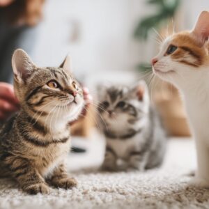 Adorable scene of two adult cats and a kitten sitting and playing together on a cozy indoor carpet in a softly lit home environment.