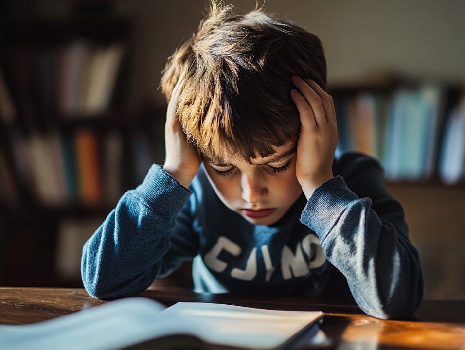 Young boy sitting at a desk with his head in his hands, showing frustration while studying under natural light.