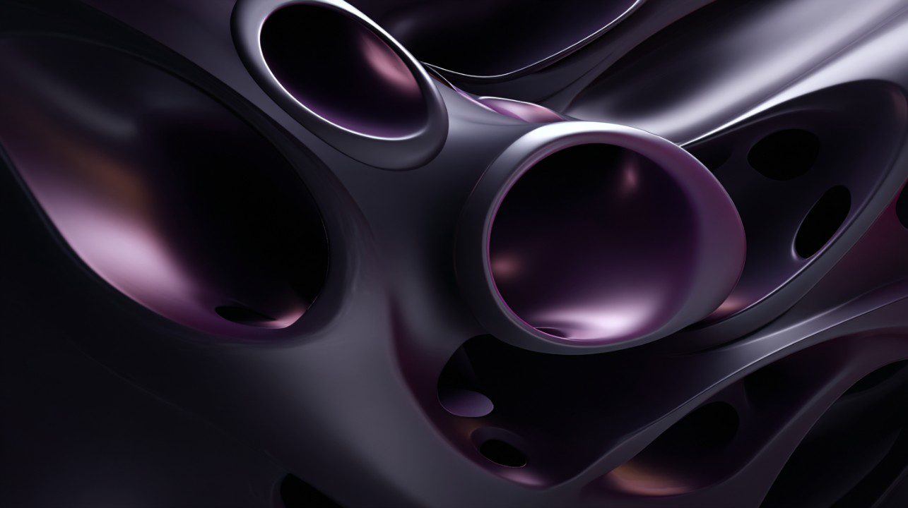 3D claymorphism abstract design in metallic black and deep purple tones, featuring fluid shapes and smooth gradients.