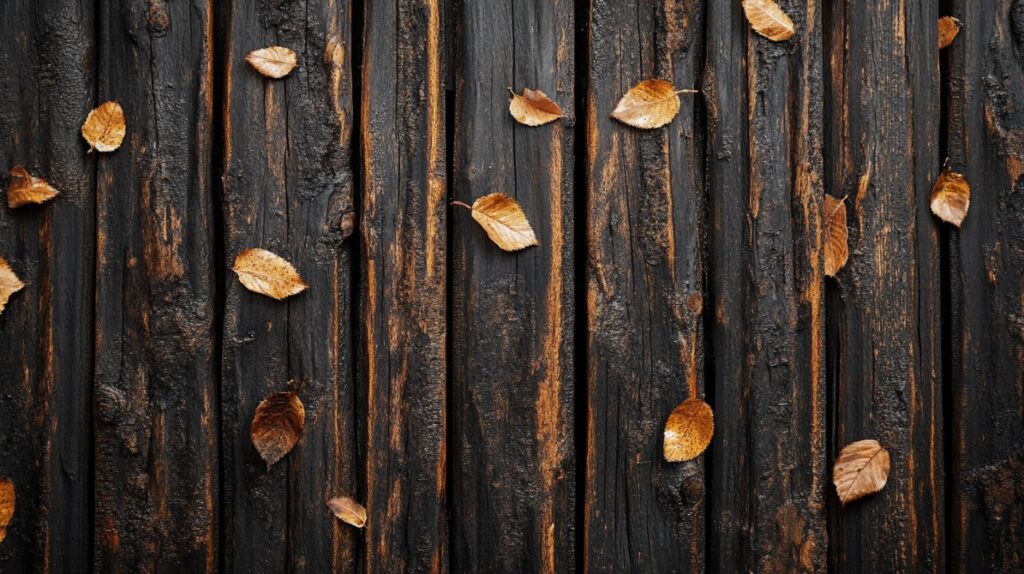 Golden autumn leaves scattered over dark, textured wooden planks, creating a rustic and moody seasonal background.