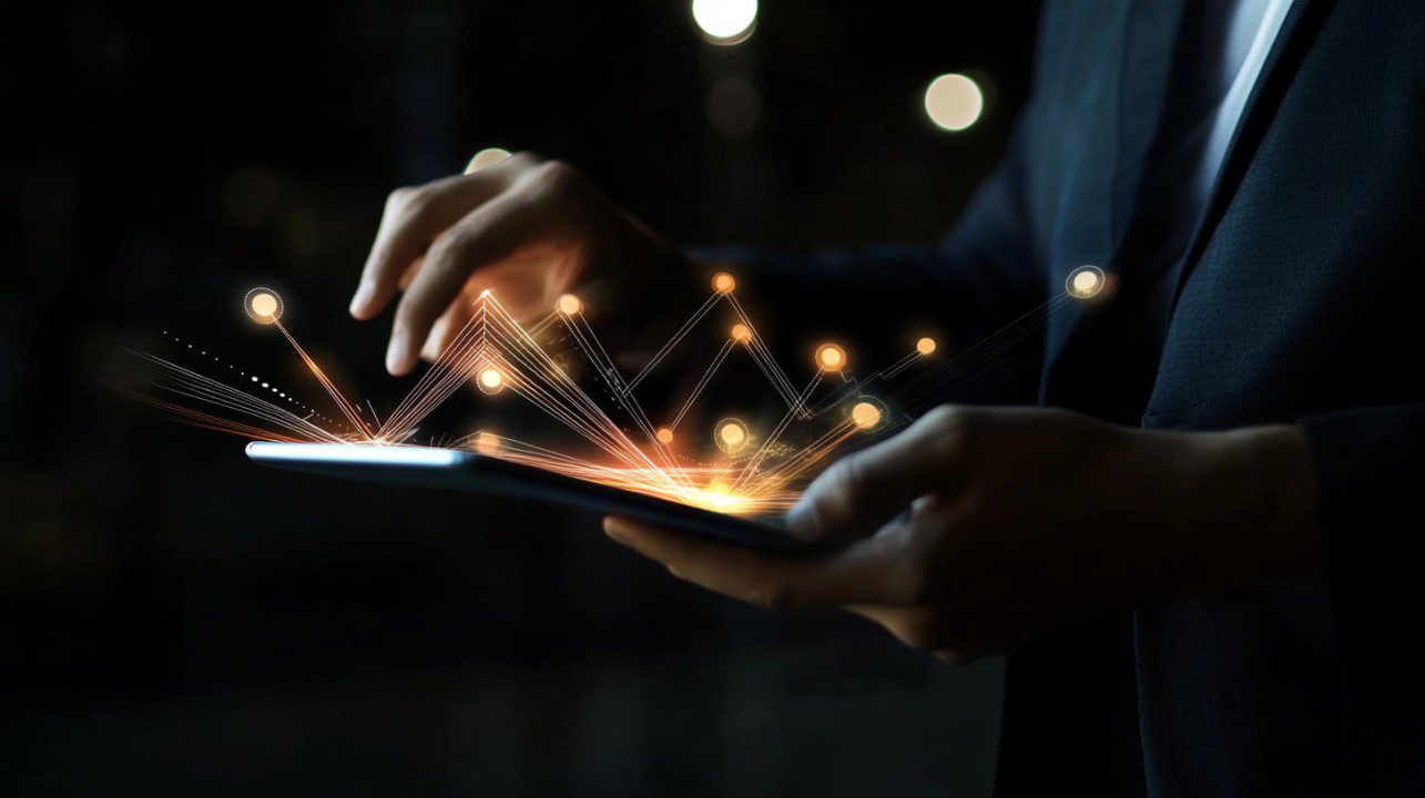 Businessman interacting with a glowing financial data interface on a tablet, symbolizing modern digital finance and technology.
