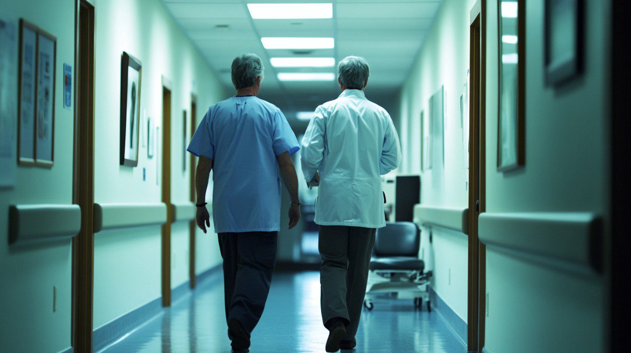Two doctors in white and blue medical attire walking down a hospital hallway, representing healthcare teamwork and clinical environment.