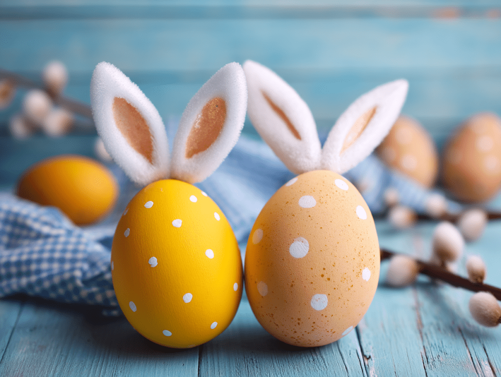 Two yellow Easter eggs with white polka dots and bunny ears on a rustic blue wood surface, styled for a spring theme.