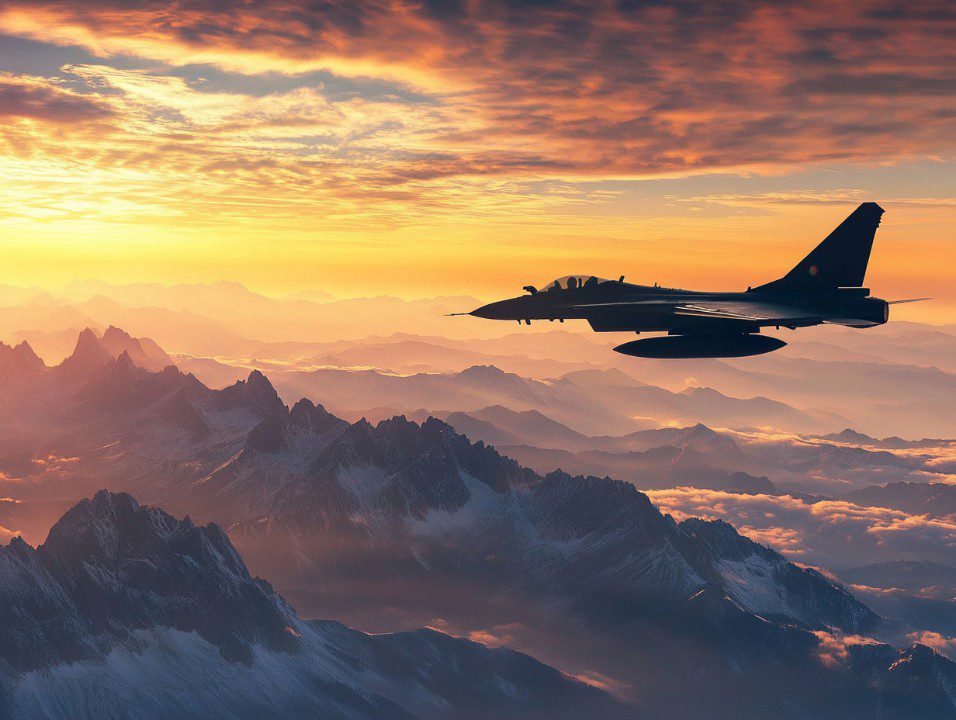 Fighter jet soaring above snow-capped mountains at sunset with a glowing sky in the background.