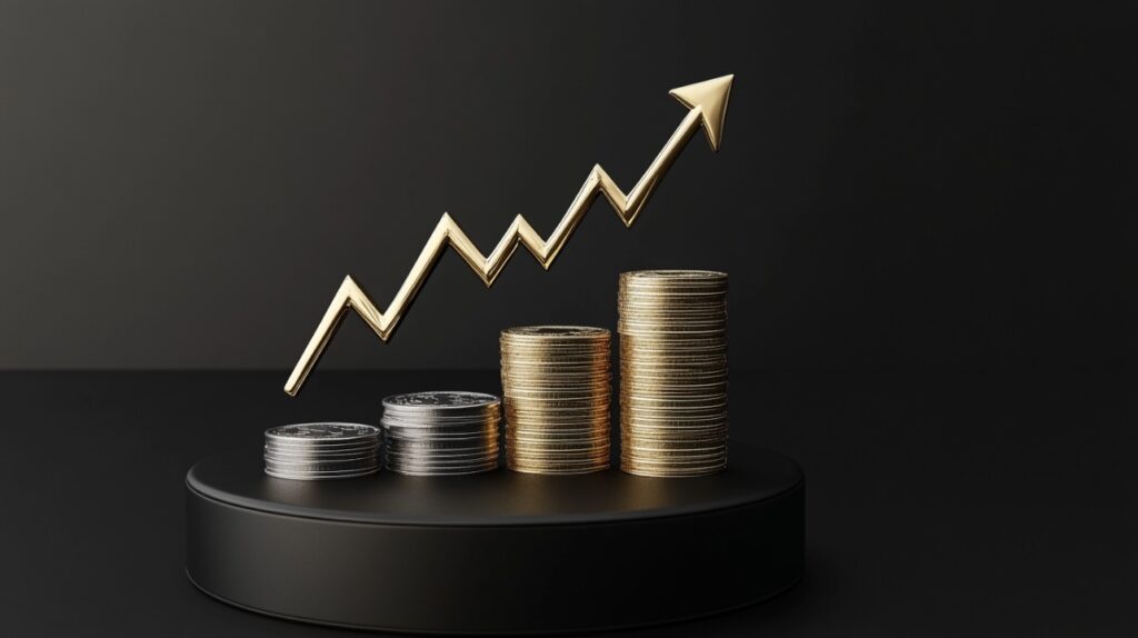 Stacked gold and silver coins with a sharp upward arrow, symbolizing financial growth, investment success, and profit increase.