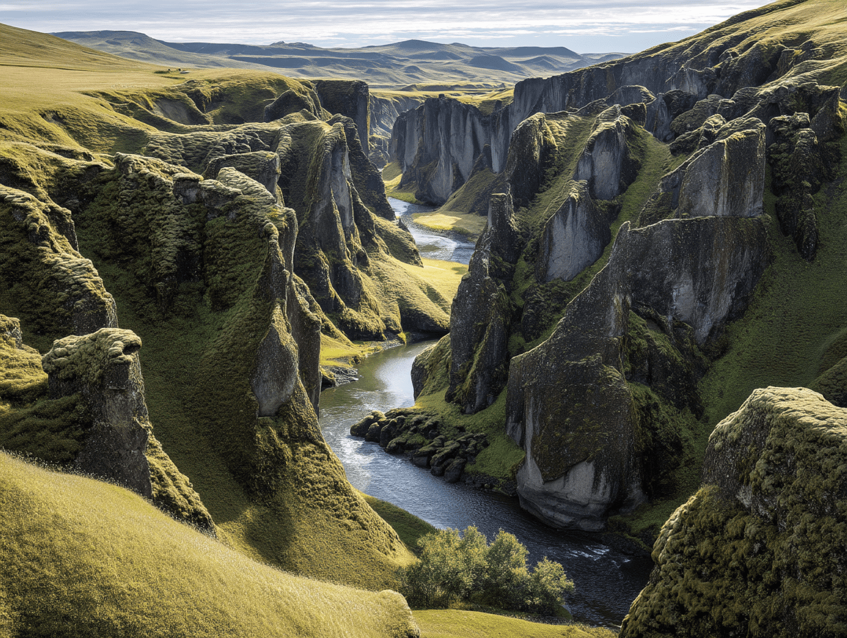 Scenic aerial view of Fjaðrárgljúfur Canyon in Iceland, with a winding river flowing between dramatic moss-covered cliffs.