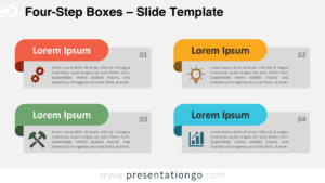 Widescreen version of the Four-Step Boxes template with a light background, featuring a 2x2 layout, icons, and editable content areas.