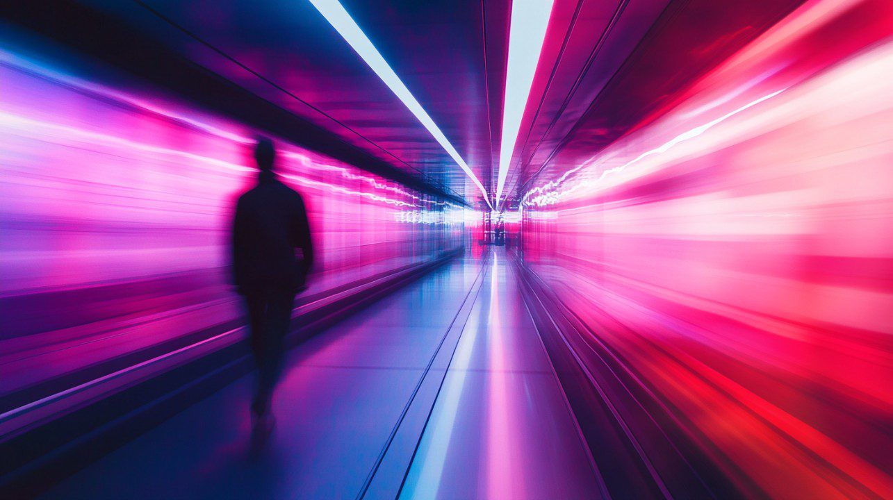 Vibrant abstract image of a futuristic tunnel with glowing pink and purple neon lights and a silhouette walking through motion blur.
