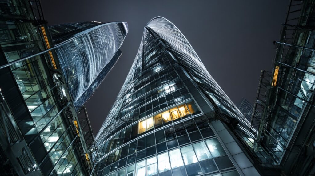 Upward view of futuristic glass skyscrapers illuminated at night, showcasing modern urban architecture and glowing office windows.
