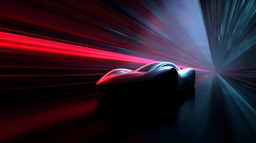 Futuristic concept car racing through a neon-lit tunnel with dramatic speed trails and sleek aerodynamic design.