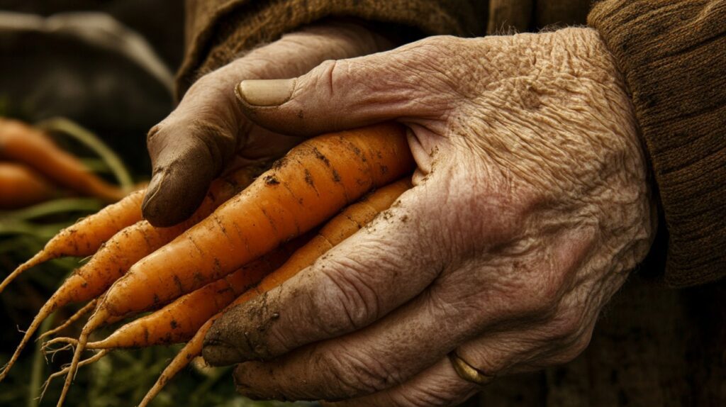 Close-up image of wrinkled elderly hands holding freshly harvested carrots with soil, symbolizing tradition, farming, and organic produce.
