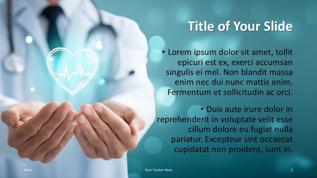 Title and content layout of the Hands of Care Template for PowerPoint and Google Slides with a glowing heart illustration background.