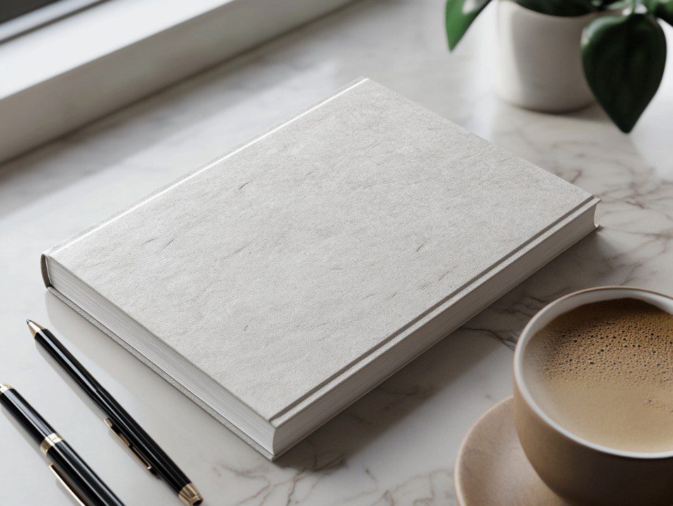 Minimalist hardcover book on a marble desk with a cup of coffee, black pens, and a small potted plant in soft daylight.