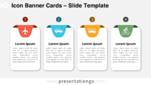A widescreen preview of the Icon Banner Cards template for PowerPoint and Google Slides, featuring 4 numbered cards with headers and icons on a light background.