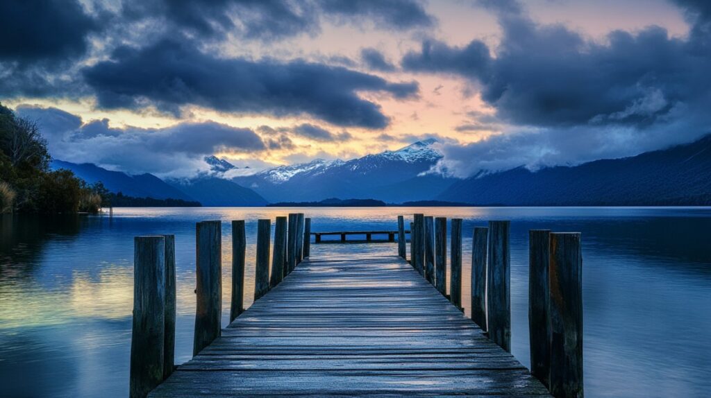 A tranquil wooden pier extending into Lake Te Anau with a stunning sunset sky and snow-capped mountains in the background.