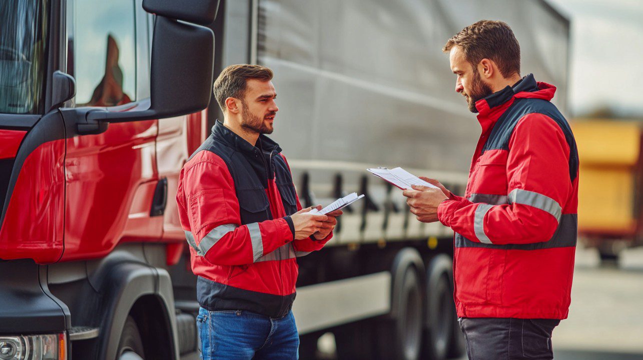 Two logistics professionals in red uniforms reviewing paperwork next to a delivery truck, symbolizing teamwork in transport operations.