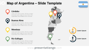 Widescreen Argentina map slide for PowerPoint and Google Slides with light background, editable provinces, and city markers.