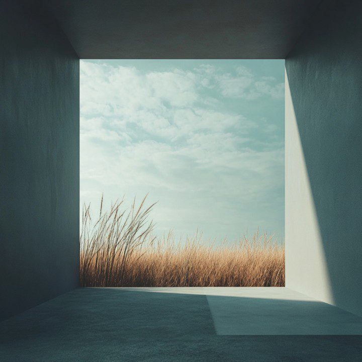 A concrete frame reveals a peaceful view of tall dry grass under a soft blue sky, conveying a minimalist and tranquil aesthetic.
