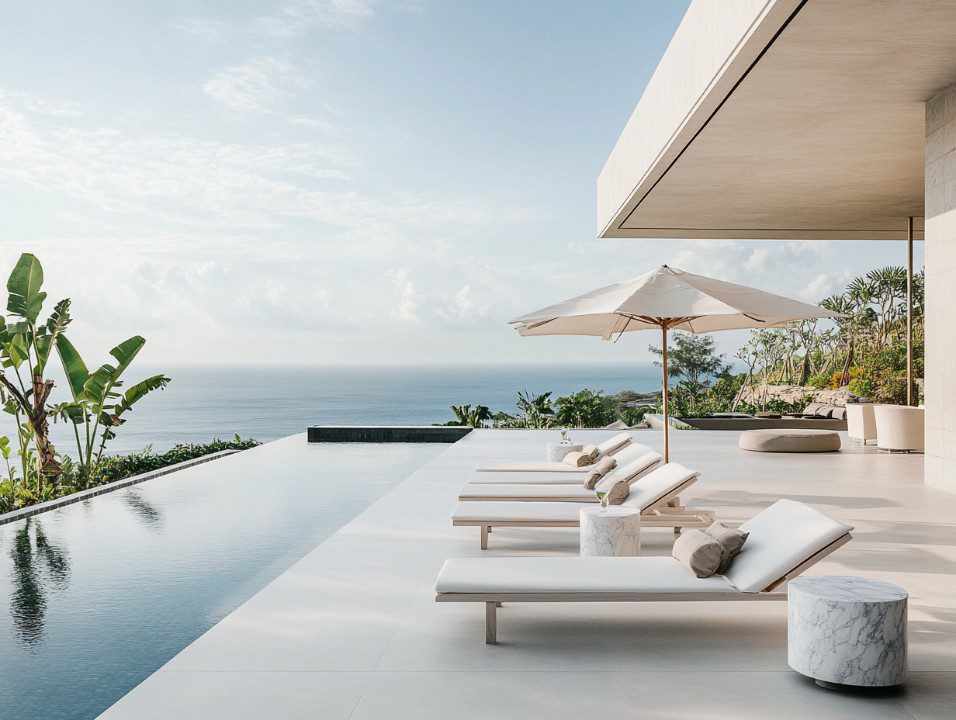Elegant modern poolside with sun loungers and umbrellas facing a calm ocean horizon under a blue sky.