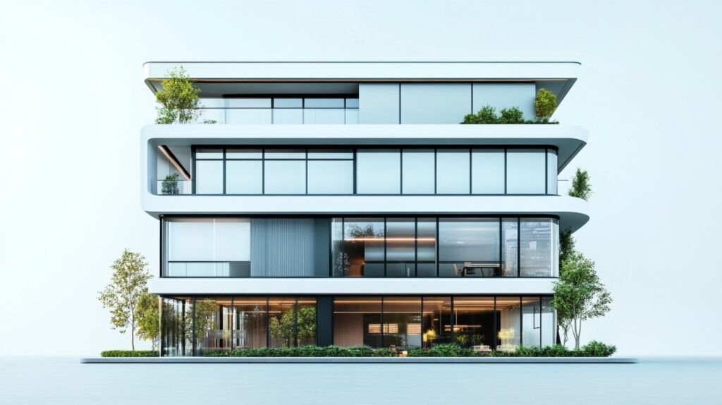A modern smart office building with curved architecture, large glass windows, and integrated greenery in a minimalist urban setting.