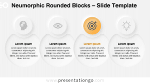 Widescreen slide of Neumorphic Rounded Blocks with a light background showing four content blocks and circular icon holders.