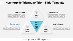 Neumorphic triangular diagram with light background, featuring three labeled icons and six text boxes for Google Slides and PowerPoint.