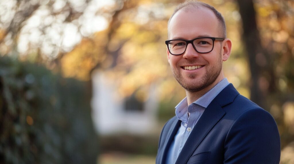 Smiling businessman in a blue suit and glasses standing outdoors in warm natural light with blurred autumn background.