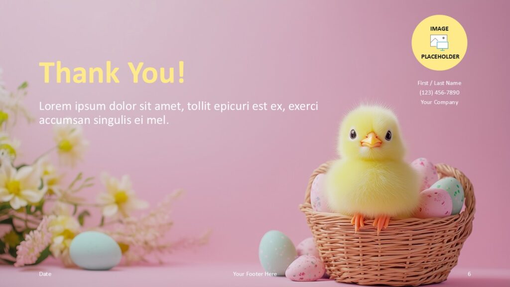 Final slide with “Thank You” message, chick illustration, and profile photo placeholder for PowerPoint and Google Slides.