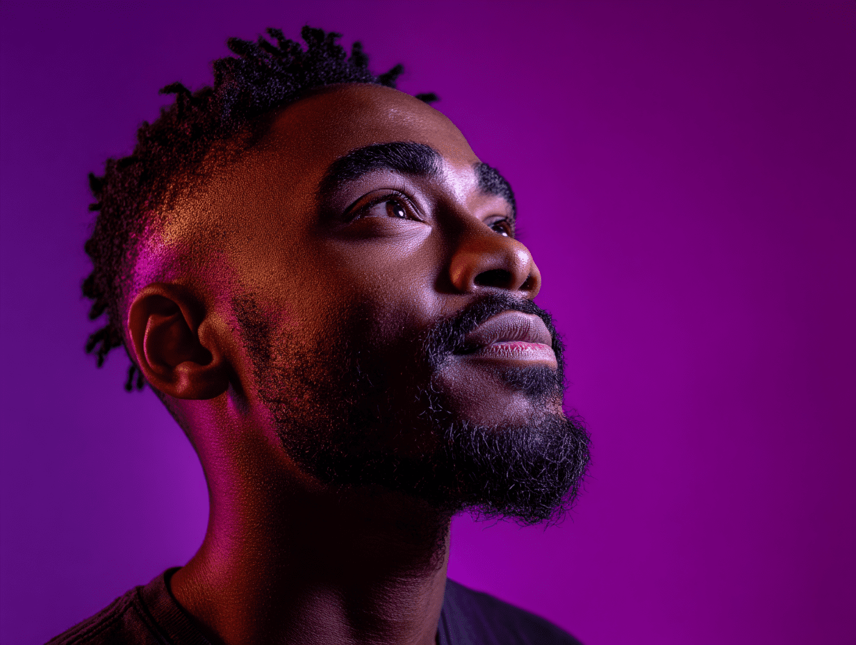 Close-up portrait of a man looking upward, lit by vibrant purple and pink lighting against a gradient background.