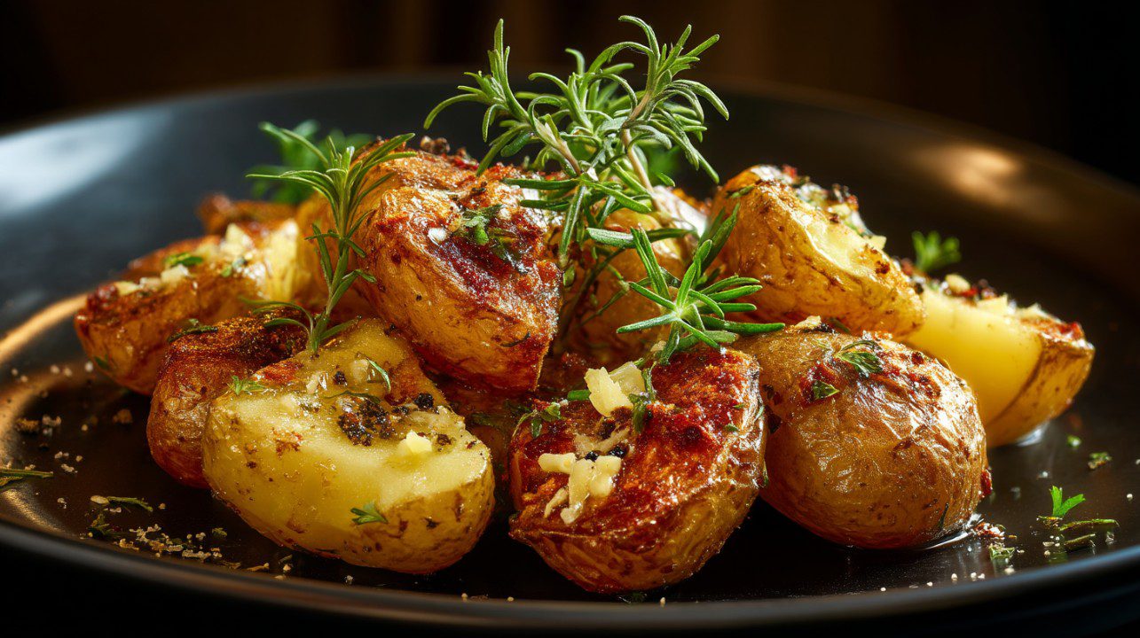 Close-up of crispy roasted potatoes garnished with fresh herbs and garlic, served on a black plate for a rustic food presentation.