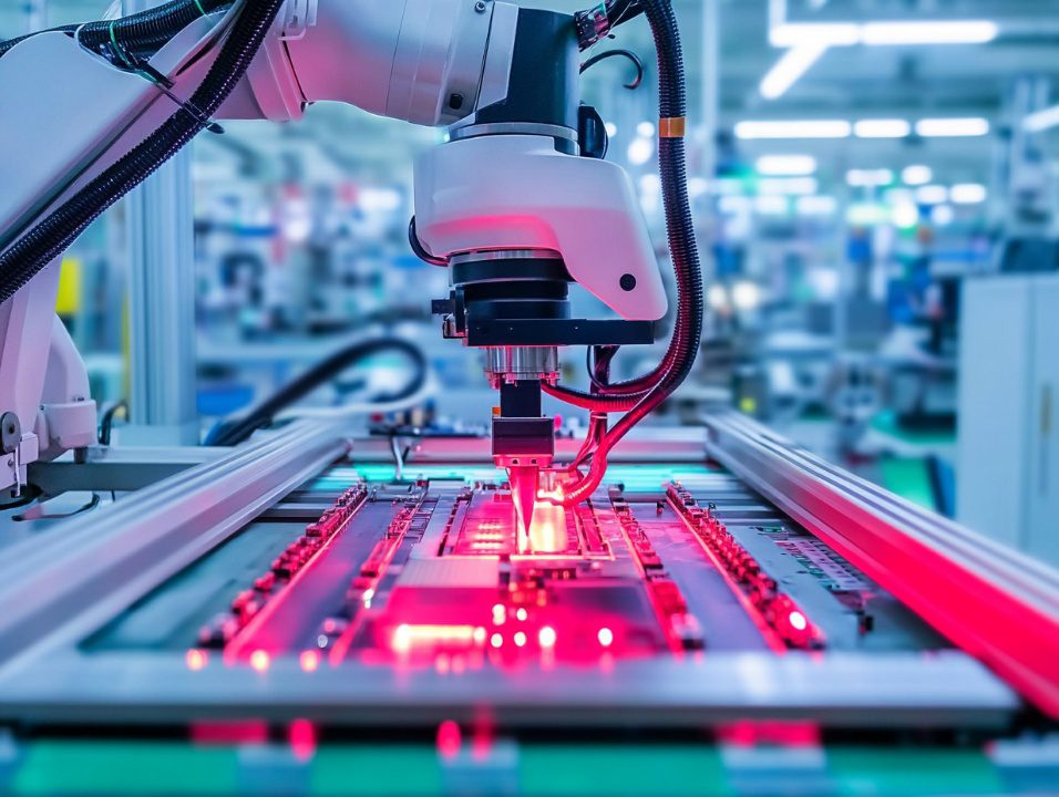 Robotic arm assembling circuit boards under red lighting in a high-tech smart manufacturing facility.