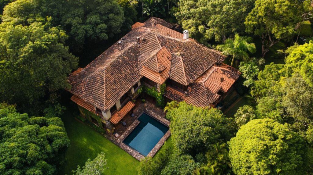 Aerial view of a luxury rustic villa with a terracotta tile roof, surrounded by dense forest and featuring a private pool.