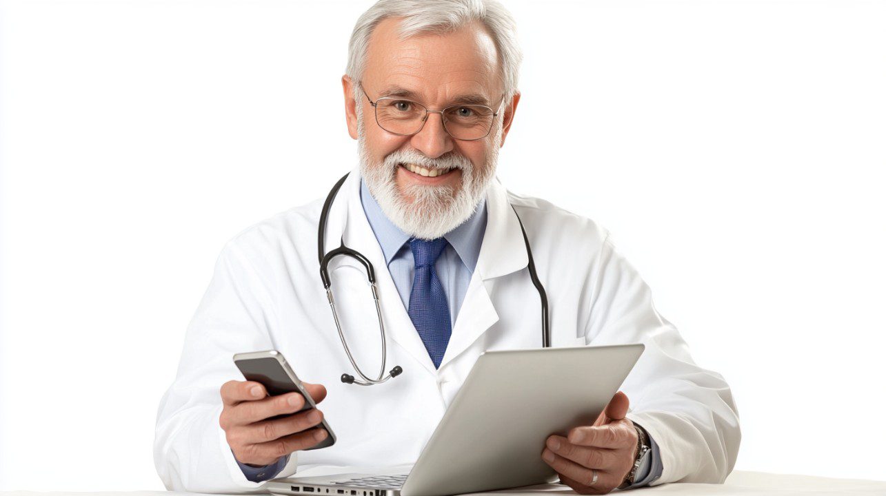 Senior male doctor in white coat using a smartphone and tablet, smiling confidently, with a stethoscope around his neck.