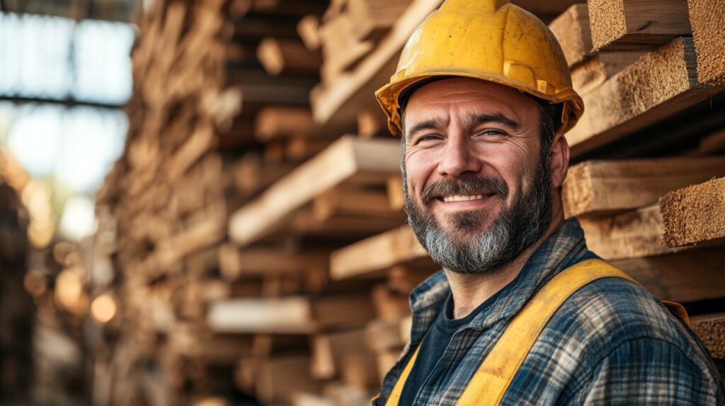 A bearded construction worker wearing a yellow hard hat smiles confidently while standing in a lumber yard surrounded by stacked wood.