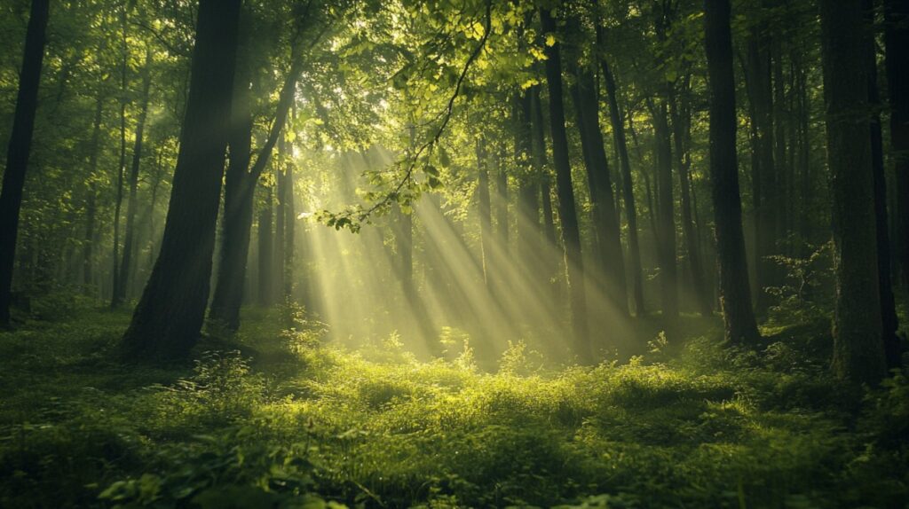A serene forest with dense green trees illuminated by gentle rays of sunlight streaming through the canopy.