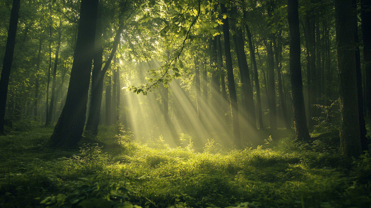 A serene forest with dense green trees illuminated by gentle rays of sunlight streaming through the canopy.