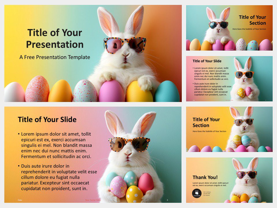 Preview of the Sunny Bunny Template for PowerPoint and Google Slides featuring 6 cheerful Easter-themed slide designs.