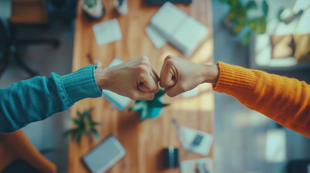 Two coworkers fist bumping in a bright office, symbolizing collaboration, support, and positive team spirit in the workplace.