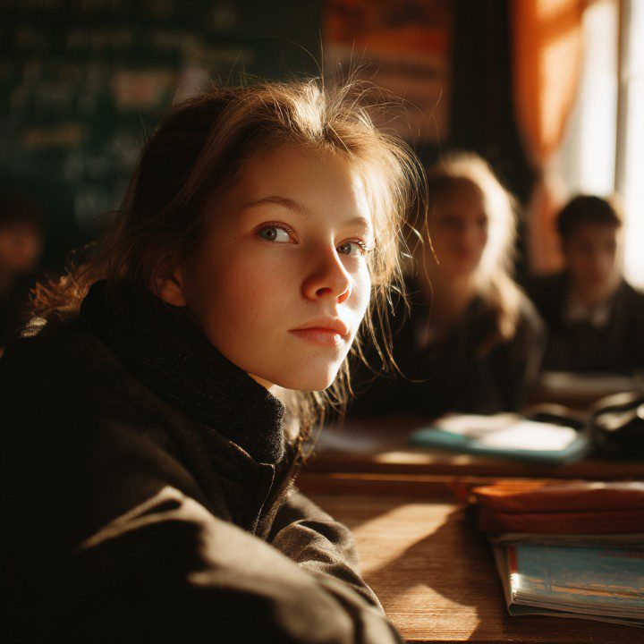 Teenage girl sits quietly at her desk in a classroom with soft natural lighting, conveying thoughtfulness and academic focus.