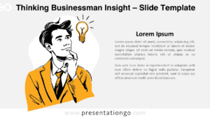 Light background presentation slide with a male figure in a thinking pose and a light bulb, ideal for Google Slides and PowerPoint ideation templates.
