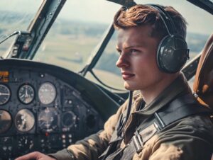 Focused fighter pilot wearing headset in a vintage aircraft cockpit, suited for aviation and military history visuals.